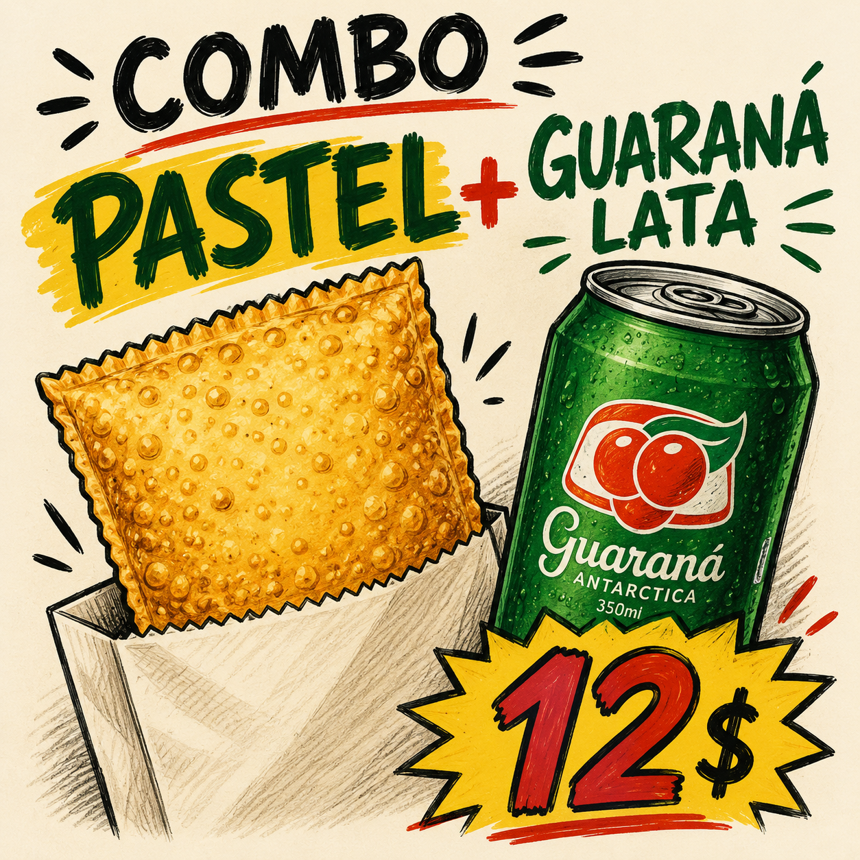Combo: Pastel fromage ou Viande + Guaraná 350 ml